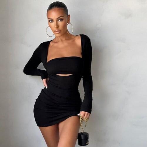 SKMY 2021 New Autumn Elegant Clothes Fashion Female Slim Wrap Chest Hollow Out Long Sleeve Black Dress Club Outfits For Women