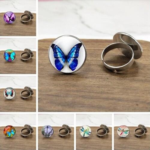 20mm New Beautiful Purple Butterfly Ring Art Picture Glass Cabochon Dome Silver Plated Ring For Women Creative