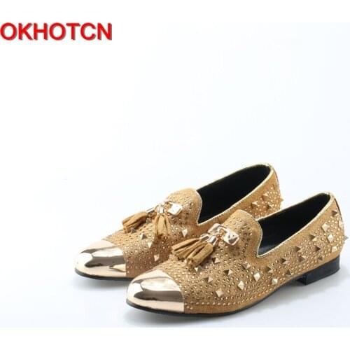 OKHOTCN Men gold spike plus size yellow suede leather penny loafers moccasins slip ons boat shoes smoking wedding men shoe