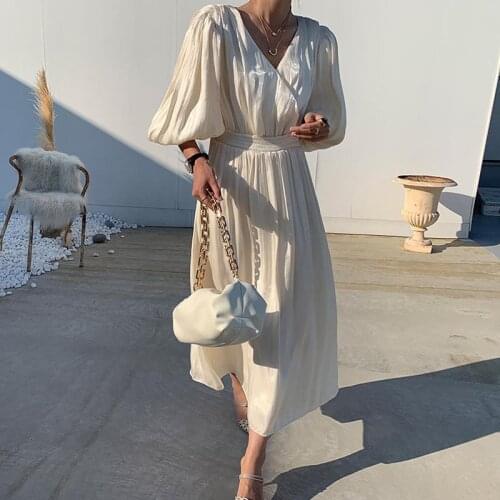 CINESSD Women Dress Summer 2021 Sexy V Neck Retro Lantern Sleeve Ladies Solid Dress Half Sleeve A Line Mini Dress Robe Vestidos