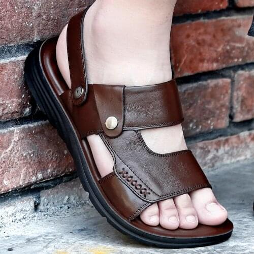 CORK Men Casual Genuine Leather Beach Sandal For Male Outdoor Soft Flexible Summer Shoes Massage Insole Comfortable Slipper