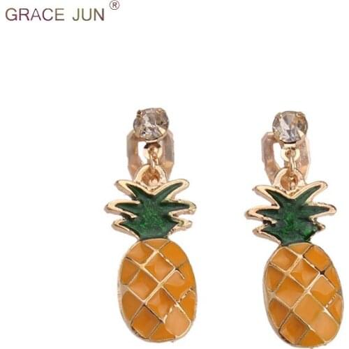 GRACE JUN Korea Style Rhinestone Enamel Pineapple Shape Clip on Earrings for Girls Party Wedding Charm No Pierced Earrings Gift