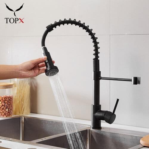 Black Kitchen Faucet Deck Mounted 360 Degree Rotation Flexible Pull Out Hot Cold Water Spring Style Spray Kitchen Sink Mixer Tap