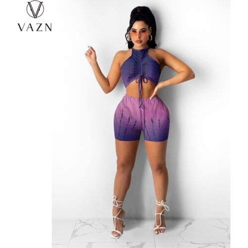 VAZN 2021 Strapless Sleeveless Print Halter Summer Elegant Street Clothing Suits 2 Piece Set Women Top And Pant