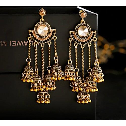 Womens Retro Big Gold Jhumka Earrings Indian Jewelry Classic White Beads Long Chain Tassel Dangle Earrings Hangers