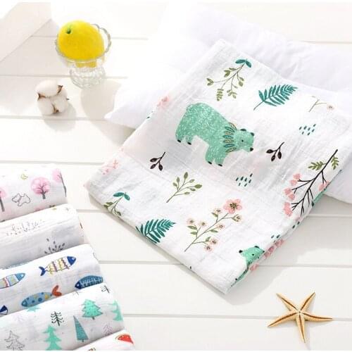 120*110cm Musli Swaddle Blanket Double Gauze Wrapper Baby Bath Towel Cartoon Printed Swaddle Towel Stroller Towel for Infants