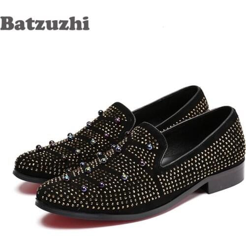 Batzuzhi Handmade Fashion Men Shoes Black Suede with Rhinestones Men Loafers Shoes Leather Casual Shoes Man Wedding Party