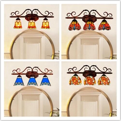 European Mediterranean Blue Tiffany Glass Bathroom Mirror Headlights American Corridor Bar Restaurant 3 heads Wall Lamps