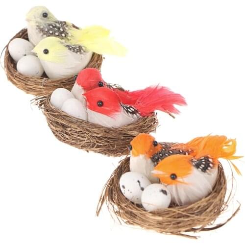 1 Set Artificial Feathered Birds & Nest & Egg Creative Craft Birds Sculpture Lawn Arts Ornaments Home Garden Lawn Decoration