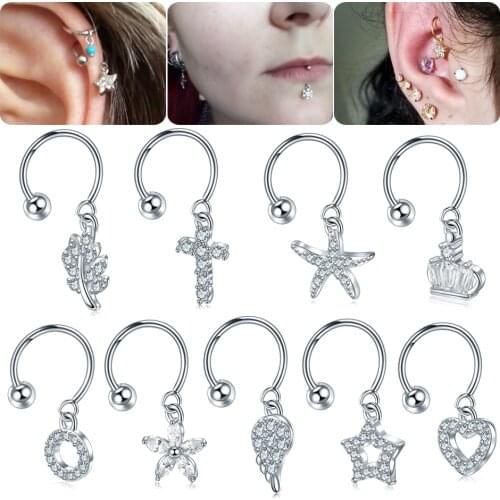 1 PC Steel &Copper CZ Gem Dangle C Sahpe Tragus Piercing Oreille Helix Daith Cartilage Hoop Tragus Lip Ring Piercings Jewelry