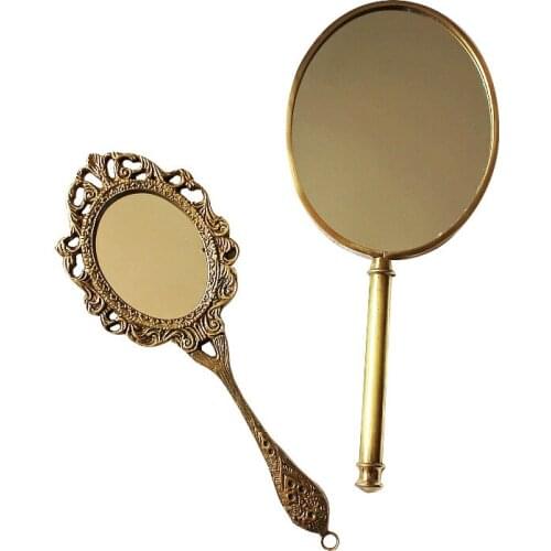 Handmade Brass Gold Carved Hand-Held Makeup Mirror Portable Handle Mirror Dressing Mirror Table Decoration Girlfriend Gifts