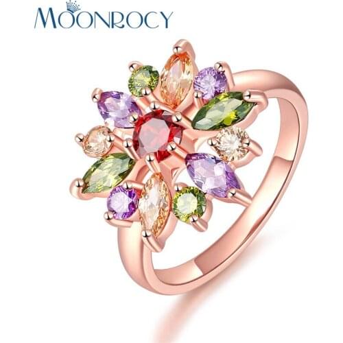 MOONROCY Drop Shipping Fashion Jewelry Rose Gold Color Cubic Zirconia Colourful Austrian Crystal Rings For Women Girls Gift