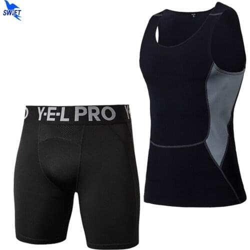 Mens Quick Dry Compression Sport Suits Sleeveless Tank Top+Pocket Shorts Running Set Fitness Gym Jogging Sportswear Tracksuits