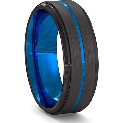 8MM Men Fashion Ring Black Brushed Ladder Edge Stainless Steel Blue Groove Transparent Men Ring For Men Wedding Ring Gifts