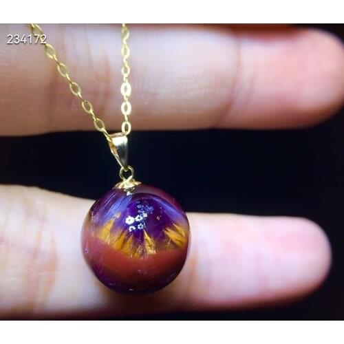 Genuine Natural Cacoxenite Auralite 23 Pendant 13.2mm Purple Red Women Round Sphere 925 Sterling Silver Crystal Jewelry AAAAA