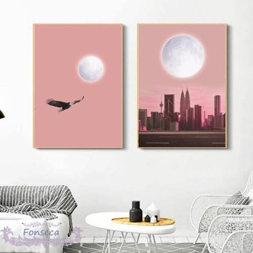 Pink Romantic City Scenery Canvas Painting Big Moon Sea Eagle Pictures Wall Art Nordic Modular Poster Modern Home Decoration