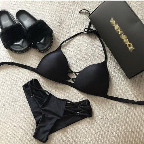 Sexy String Bikini Set 2019 Halter Swimsuit Backless Bathing Suit Solid Black Bikini Brazilian Biquini Push Up Swimwear Women