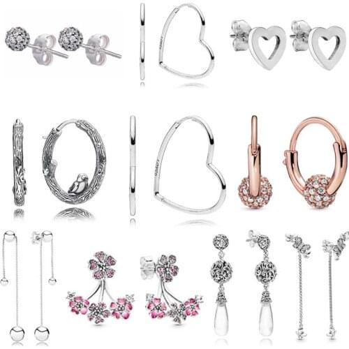 925 Sterling Silver Rose Pave Bead Asymmetric Hearts of Love Pave Drops String Of Beads pan Earrings For Women Jewelry Gift