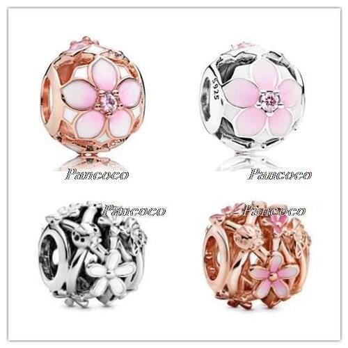 925 Sterling Silver Rose Gold Magnolia Bloom Charm With Clear Cz Fit Women Pandora Bracelet & Necklace Diy Jewelry