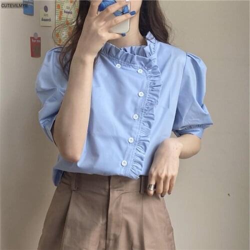 Chic Solid Puff Sleeves Loose Short Sleeve Gentle 2020 Tops Summer Leisure New Arrival All Match OL Casual Shirts