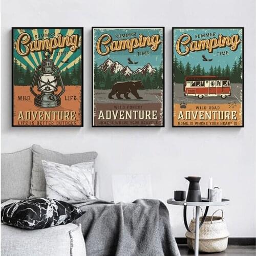 Vintage Landscape Poster and Prints Summer Camping Time Art Canvas Painting Wall Pictures For Living Room Men Cave Decor