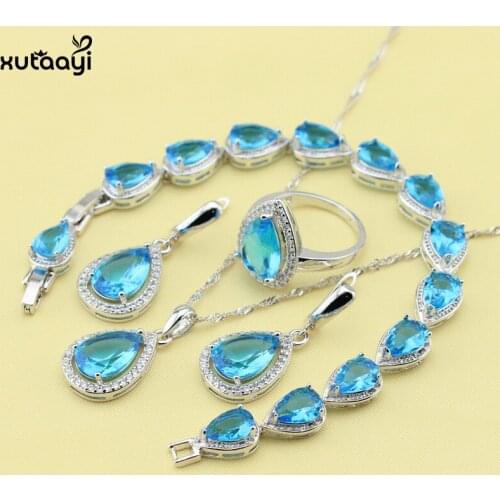 XUTAAYI Fashing Blue Zircon Top Quality Silver color Color Jewelry Set For women Classy Wedding Necklace/Rings/Earring/Bracelet