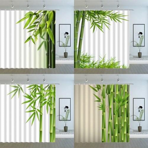 Green Bamboo Leaf Shower Curtains Spring Plant Leaves Scenery Pattern Bathroom Decor Accessories Cloth Hanging Curtain Set Cheap