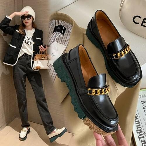 Metal Chains Decoration Full Grain Leather Round Toe Thick Heels Woman Autumn Casual Shoes Elegant Women Leisure Pumps size 39