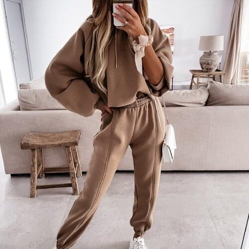 Womens Hoodies Two Piece Set Solid Fleece Female Pants Tracksuits Loose Lace Up Sweatshirt And Joggers 2021 Autumn Causal Suits