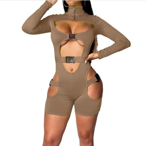 Women Sexy Hollow Out Overalls Solid Color Turtleneck Long Sleeve Playsuit Dark Purple Grey Brown
