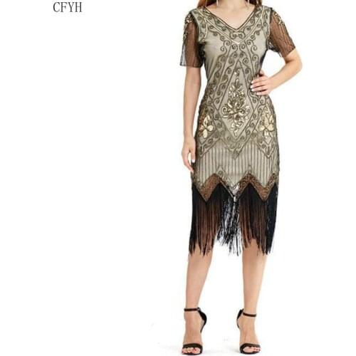 Embellished Beaded Sequin Dress Robe Vestidos Women 1920s Flapper Dress Vintage V Neck Butterfly Short Sleeve Great Gatsby Dress