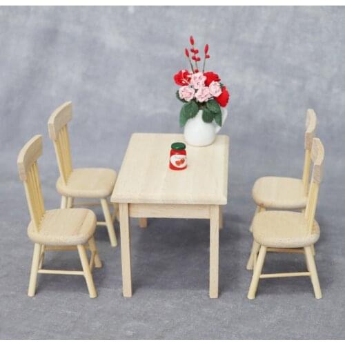 1/12 Miniature Wooden Dining Chair Table Furniture Set For Doll house Miniature Kitchen Food Pretend Play Toys 5Pcs/set