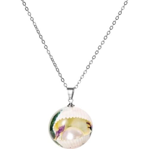 2020 Seashell Glass Ball Resin Pendant Necklace Simulated Pearl Pendant Hand Crafted Jewelry Creative Female Accessories Gift