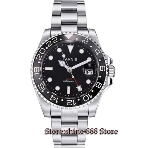 40mm PARNIS black dial Sapphire glass black bezel GMT automatic mens watch P3