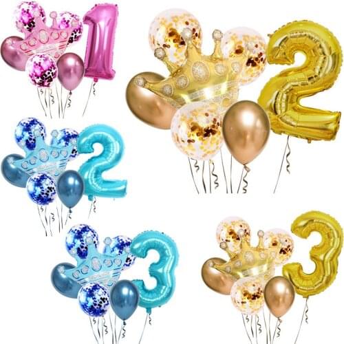 8Pcs Crown Confetti Birthday Number Balloons Gold Blue Pink Crown Decoration Birthday Party Supplies Golden Number Balloon
