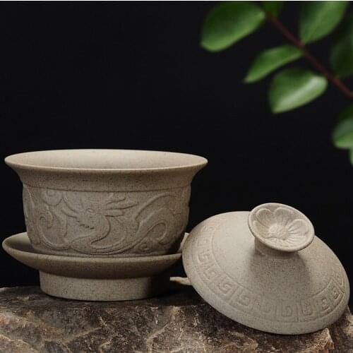 Coarse Pottery Dragon Gaiwan Big Tea Bowl Tureen KungFu Teacup,Ceramic Tureen Cover Bowl Tea Service