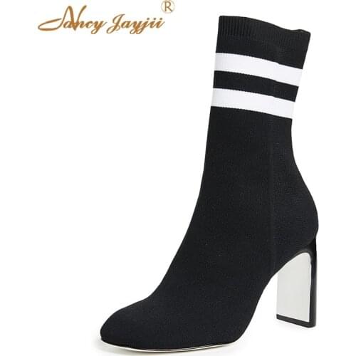 Black Sock Boots Women Ankle Botas Ellis Autumn Knitting Soft Shoes Ladies Super High Heels Fashion Dress Party Plus Size 38 42