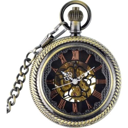 New Fashion Self Wind Pocket Watch Bronze Pendant Retro Skeleton Mechanical Pocket Watch Unisex Automatic Stylish