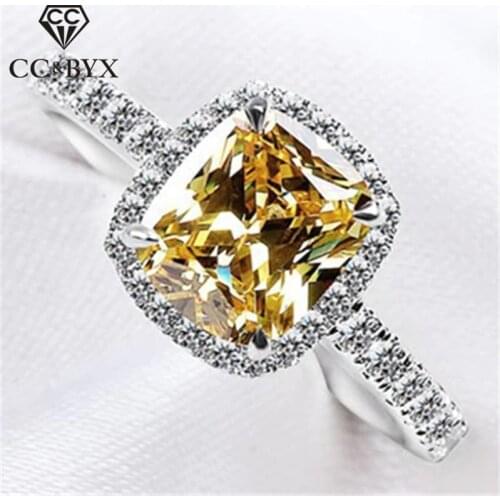 CC S925 Silver Rings For Women Yellow Square Stone White Gold-Color Wedding Engagement Ring Bridal Jewelry Anillos Mujer CC594