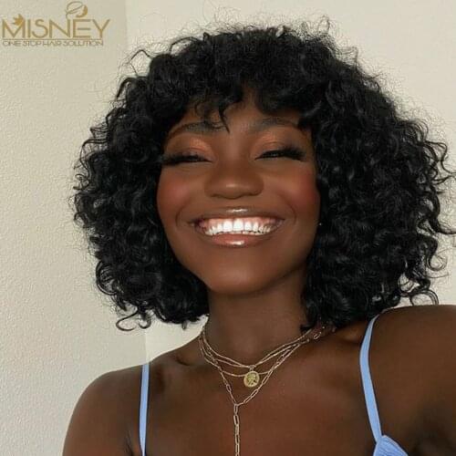 Kinky Curly Bob Wig Full Machine Made For Women Short Bob Wigs With Bangs Brazilian Remy Hair Curly Human Hair Wig Natural Black