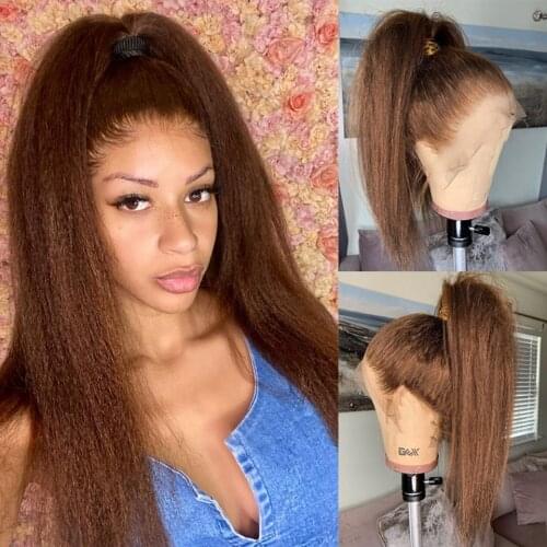 Kinky Straight Brown Lace Wigs Remy Hair Pre Plucked with Baby Hair Yaki Straight 180% Lace Front Human Hair Wigs for Women