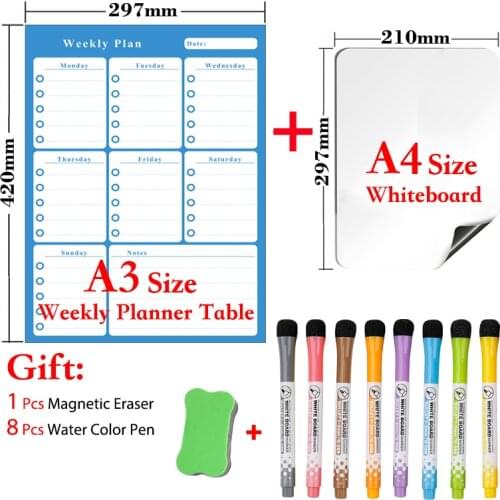 A3 Size Magnetic Weekly Planner Table and A4 Size Magnetic Whiteboard Dry Erase Fridge Stickers Gift 8 Pen 1eraser