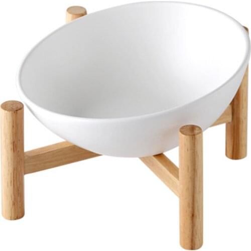Pet Bowl Cute Ceramic Non Slip Spine Protect Cat Bowl with Wood Holder for Pet(white)