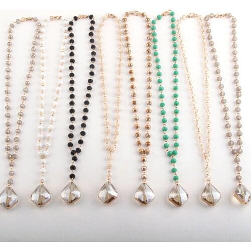 Fashion Bohemian Tribal Jewelry 6mm Glass Crystal Bead Link Crystal Pendant Necklace