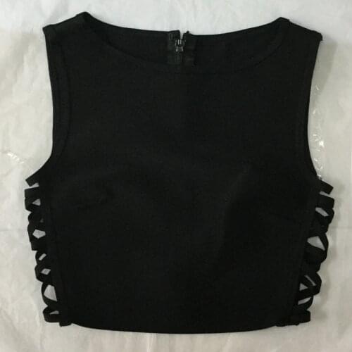 Fashion Black Tops O-Neck Hollow Out Sleeveless Bandage Tops