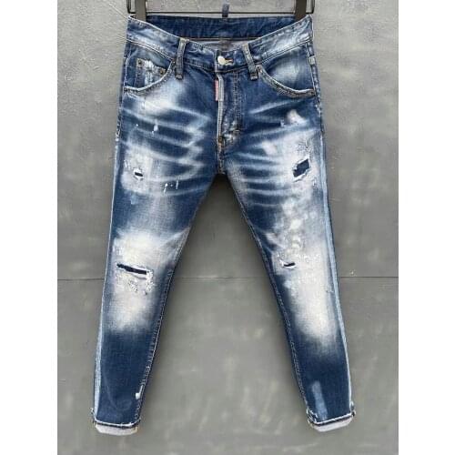 2021 Mens Fashion Ripped Patch Slim Fit Point Paint Stretch Stiletto Jeans 029