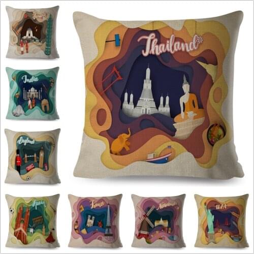 National Cartoon Scenic Pillowcase Decor India Portugal Holland Cushion Cover Polyester Pillow Case for Sofa Home 45x45cm