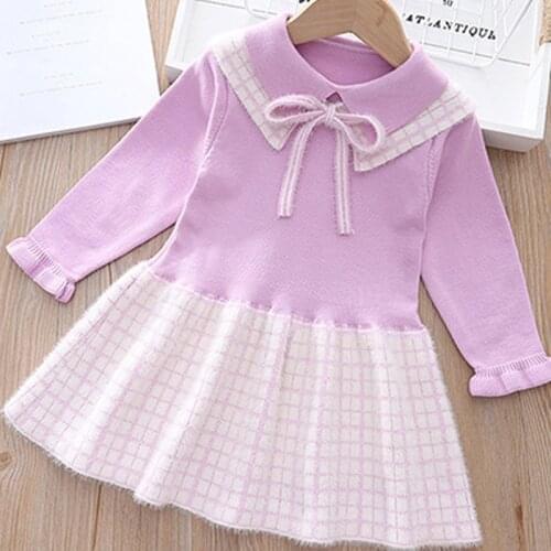 Fall Winter Girls Sweater Dress Cute Girl Clothes Long Sleeve Lapel Collar Printed Plaid Patchwork Warm Knitted Children Dress