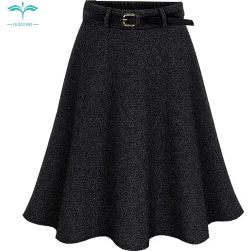 OUMOWEI Womens Skirt 2018 Fashion New High Waist Skirt Solid Color Elasticity High Waist Knee Skirt Thick with Wool A-Line