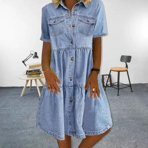 Women Short Sleeve Collar Pockets Single-breasted A Line Denim Dress